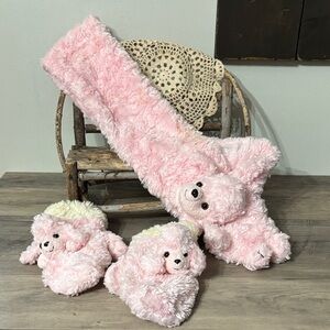PRE OWNED VINTAGE BESTEVER PINK FAUX FUR GIRL'S POODLE SCARF AND PODDLE MITTENS